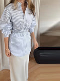 Yeknu  Casual Striped Women's Shirt Single-Breasted Long Sleeve Stand Collar Pocket Lace Up Lady Blouse Summer Autumn Female Tops