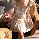 Yeknu  Jastie Sweet Girl Lace Spliced Floral Print Mini Dress Women Elegant A-line Flying Sleeve Summer Dresses Holiday Robe