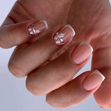 Yeknu  24pcs French Fake Nails Small Flower Diamond-Studded White-Edged Press on Nail Short Square Full Coverage Nail for Women&Girl