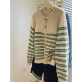 Yeknu  Autumn Green Striped Cardigan Knitted Sweater Women Casual Long Sleeve Ladies Cardigans Tops Korean Style Woman Sweaters Coat