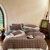 Yeknu Vintage Plaid Flowers Lace Ruffles Bedding Set 100% Cotton Double Layer Yarn Duvet Cover Flat/Fitted Bed Sheet Pillowcases 4Pcs