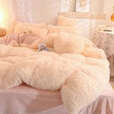 Yeknu  Winter Warm Long Plush Pink Bedding Set Queen Mink Velvet Double Duvet Cover Set with Fitted Sheet Warmth Quilt Covers