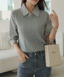 Yeknu  Autumn Knitted Patchwork Pullover Tops Women Striped Print Fashion Casual Ladies Blouses Korean Style Woman Tops