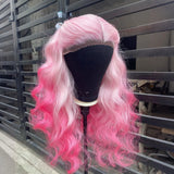 Yeknu  Long Pink Ombre Wig  Body Wave Synthetic Hair Middle Part 13X4 Curly Wavy Light Pink Highlight Gradient Colored Wigs for Women