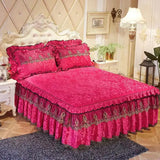 Yeknu  3pcs Set Good Quality Embossing Velvet Bed Skirt 1pc Romance Elegant Coral Fleece Bedspread Included 2pcs Pillowcase