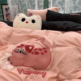 Yeknu  Korean Style Bedding Set Green Strip Black Cat Embroidery Washed Cotton  Duvet Cover Cute Cardboard  Bed linen Comforter Sets