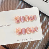 Yeknu  10pcs Pink Cherry Handmade Nails  Fine Glitter Cat-Eye Press on Nail Short Oval Full Coverage Nail Tip for Women&Girl Fasle Nail