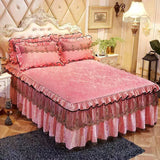 Yeknu  3pcs Set Good Quality Embossing Velvet Bed Skirt 1pc Romance Elegant Coral Fleece Bedspread Included 2pcs Pillowcase