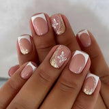 Yeknu  24pcs French Fake Nails Small Flower Diamond-Studded White-Edged Press on Nail Short Square Full Coverage Nail for Women&Girl