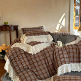 Yeknu Vintage Plaid Flowers Lace Ruffles Bedding Set 100% Cotton Double Layer Yarn Duvet Cover Flat/Fitted Bed Sheet Pillowcases 4Pcs