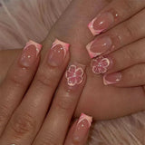 Yeknu  24Pcs Short Almond Press-On Nails Pink Floral French Tip Glossy&Elegant Full Cover Fake Nails for Women&Girls Spring,Daily Wear