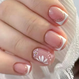 Yeknu  24pcs French Fake Nails Small Flower Diamond-Studded White-Edged Press on Nail Short Square Full Coverage Nail for Women&Girl