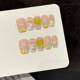 Yeknu  10Pcs Short Oval Press On Nails With Orange Flower Design False Nails For Women Spring Summer Wearable Detachable Fake Nail Tips
