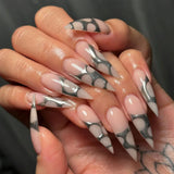 Yeknu  24pcs Long Pointed Gradient Pink False Nails y2k Sliver Flame Printed Wearable Press On Nails Full Finished Acrylic Nail Tips