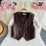 Yeknu  Sweet Lace Patchwork Waist Long-sleeved Dress + Leather Vest 2-piece Set Dresses Women's Boho Beach Holiday Short Dress Set