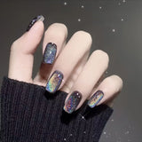 Yeknu  Pure Hand Manicure Black Long Laser Cross-border Rainbow CAT'S Eye False Nail Phototherapy Hand Wear Nail Pure Hand Manicure Bla