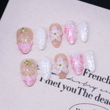 Yeknu 10Pcs Starfish Water Ripples Design Press on False Nails Short Oval Wearing Manicure 3D Flowers Artificial Fashion Acrylic Nails