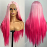 Yeknu  Long Silky Straight Pink Ombre Wig Synthetic Middle Part Highlight Pink Colored Heat Resistant Fiber Wigs for Women Daily Party