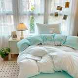 Yeknu INS Seersucker Stripes Duvet Cover Pillowcases Flat Sheet Girls Bedding Set Washed Cotton Solid Color Bed Linen Single Size