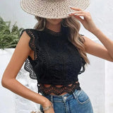 Yeknu  Summer Sleeveless Tops Women Embroidery Hollow Out Patchwork Fashion Ladies Blouses Slim Bodycon Sexy Woman Tops