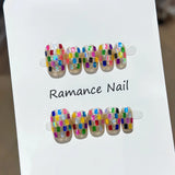 Yeknu  10pcs Iridescent Dopamine Handmade Nails Ultra-Glittery Laser-Cut Mosaic Press on Nail Short Square Fake Nail for Women&Girl