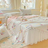 Yeknu  Sweet Floral printed Cool Summer blanket Lace and Ruffle Quilt for Home Skin-Friendly breathable air conditioner Comforters