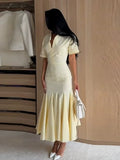 Yeknu  Elegant Pleated Women's Long Dress V-Neck Short Sleeve Waist-Closed Lady Dresses Summer Autumn Female Vacation Robe New