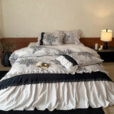 Yeknu  Vintage Floral Print Lace Ruffles 100% Cotton Double-layer Yarn Bedding Set Duvet Cover Flat/Fitted Bed Sheet Pillowcases 4Pcs
