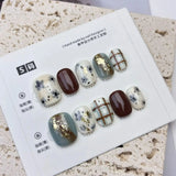 Yeknu  10pcs Dark Sweet Cool Press on Nails Set Short Round Square Nail Hand-painted Embossed Star False Nails Gothic Y2K Fake Nails