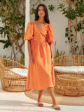 Yeknu  Jastie Summer V-neck Waist Cinched Dress Unique Lantern Sleeve Fashionable Sexy Slit Long Skirt Cotton Women's Casual Dresses