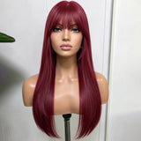 Yeknu  Burgundy Layered Wig Natural Straight Long Burgundy Wig Synthetic Bangs Wig Wine Red Synthetic Wig for Women Daily Party Use