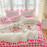 Yeknu Peter Garden Rabbit Bedding Set Double Layer Lace Plaid Duvet Cover Set Bed Sheets Set Pillowcase Single Double Queen Size Decor