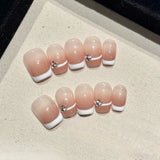 Yeknu  10pcs White French Nails Set Press on Nude Gentle Rhinestone Press on Nails Polka Dot Cream Nail Simple Short Squoval Fake Nails
