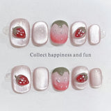 Yeknu 10Pcs Pink Shiny Fake Nails Handmade Glass Beads Cat Eye Nail Sticker Full Cover Cute Cherry Fruits Pattern Removable Nails Tips