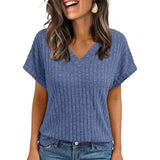 Yeknu  Women's Clothing Europe America All-match Knit T-shirt Summer New Casual Loose V-neck Short Sleeve Pullover Lady Solid Tops
