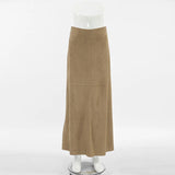 Yeknu  Autumn Retro Fashion Velvet Long Skirt Khaki Slim Straight Winter Women Skirt Zipper Solid Color Elegant Streetwear Skirt