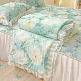 Yeknu  Sweet Floral printed Cool Summer blanket Lace and Ruffle Quilt for Home Skin-Friendly breathable air conditioner Comforters