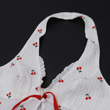 Yeknu  Sleeveless Printed Halterneck V-neck Crop Top Backless Cherry Print Bow Slim Fit Crop Top