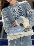 Yeknu  Knitted Autumn Pullover Sweater Women Geometric Print Fashion Lantern Long Sleeve Ladies Cropped Sweaters Korean Woman Sweater