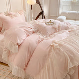 Yeknu  Korean Princess Style Bedding Set Girl Heart Solid Color Double Bed Sheets Washed Cotton Ruffled Bed Cover Sheet Quilt Set