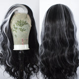Yeknu  Black with White Highlight Wig Long Wavy Synthetic Lace Front Wigs for Women 13X4 Body Wave Frontal Streak Colored Party Wigs
