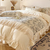 Yeknu  Romantic French Country Style Bedding Set - 100% Cotton Floral Print, Lace Embroidered Duvet Cover with Detachable Skirt