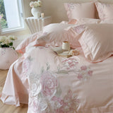 Yeknu  100% Cotton Pink Elegant Floral Embroidery Luxury Bedding Set Hidden zipper Duvet Cover Bed Sheet/Fitted Sheet Pillowcases 4Pcs