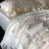 Yeknu  800TC Lyocell Bamboo Fiber Soft Silky Bedding Set Rose Floral Embroidery Lace Ruffles Duvet Cover Flat Sheet Pillowcases