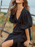 Yeknu  Jastie Summer V-neck Waist Cinched Dress Unique Lantern Sleeve Fashionable Sexy Slit Long Skirt Cotton Women's Casual Dresses