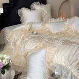 Yeknu  Chiffon Ruffled Lace Ruffles Embroidery Princess Wedding Bedding Set Egyptian Cotton Duvet Cover Quilted Bedspread Pillowcases