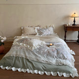 Yeknu  4Pcs French Romantic Floral Printed Egyptian Cotton Bedding Set With Lace Edge Duvet Cover Flat Sheet Pillowcases
