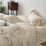 Yeknu 20% Linen And 80% Cotton Double Layer Lace Ruffles Vintage French Bedding Set Duvet Cover Flat/Fitted Bed Sheet Pillowcases 4Pcs