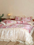 Yeknu  Vintage French Oil Painting Aesthetic 100% Long-staple Cotton Bedding Set – Princess Cotton Soft Sheets with Organza Lace Trim