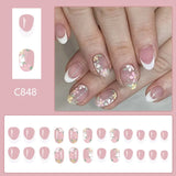 Yeknu  Short Glossy Oval Press-On Nails with French Glitter Tips Spring Flower Designs False Nail Tips for Women&Girls Manicure Look